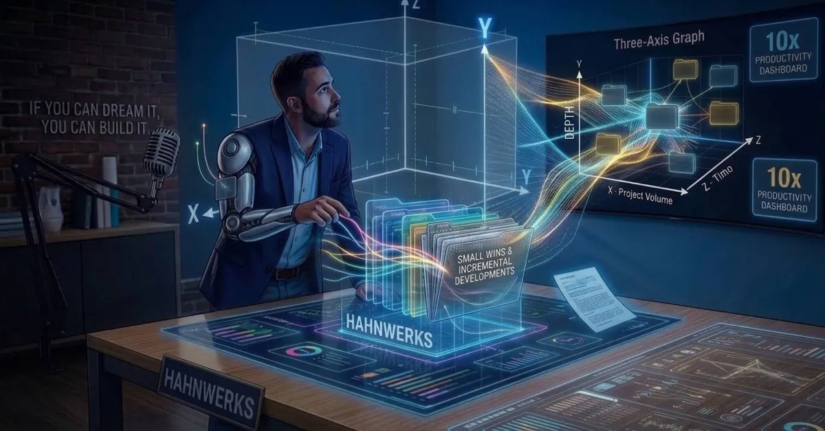 A RevOps leader with a robotic arm works at a holographic HahnWerks desk, projects flowing onto a three-axis graph of Project Volume, Level of Depth, and Time. The wall reads: If you can dream it, you can build it.