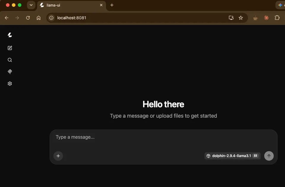 Chrome window at localhost:8081 showing the Pocket LLM chat screen, Hello there, running the dolphin-2.9.4-llama3.1 8B model